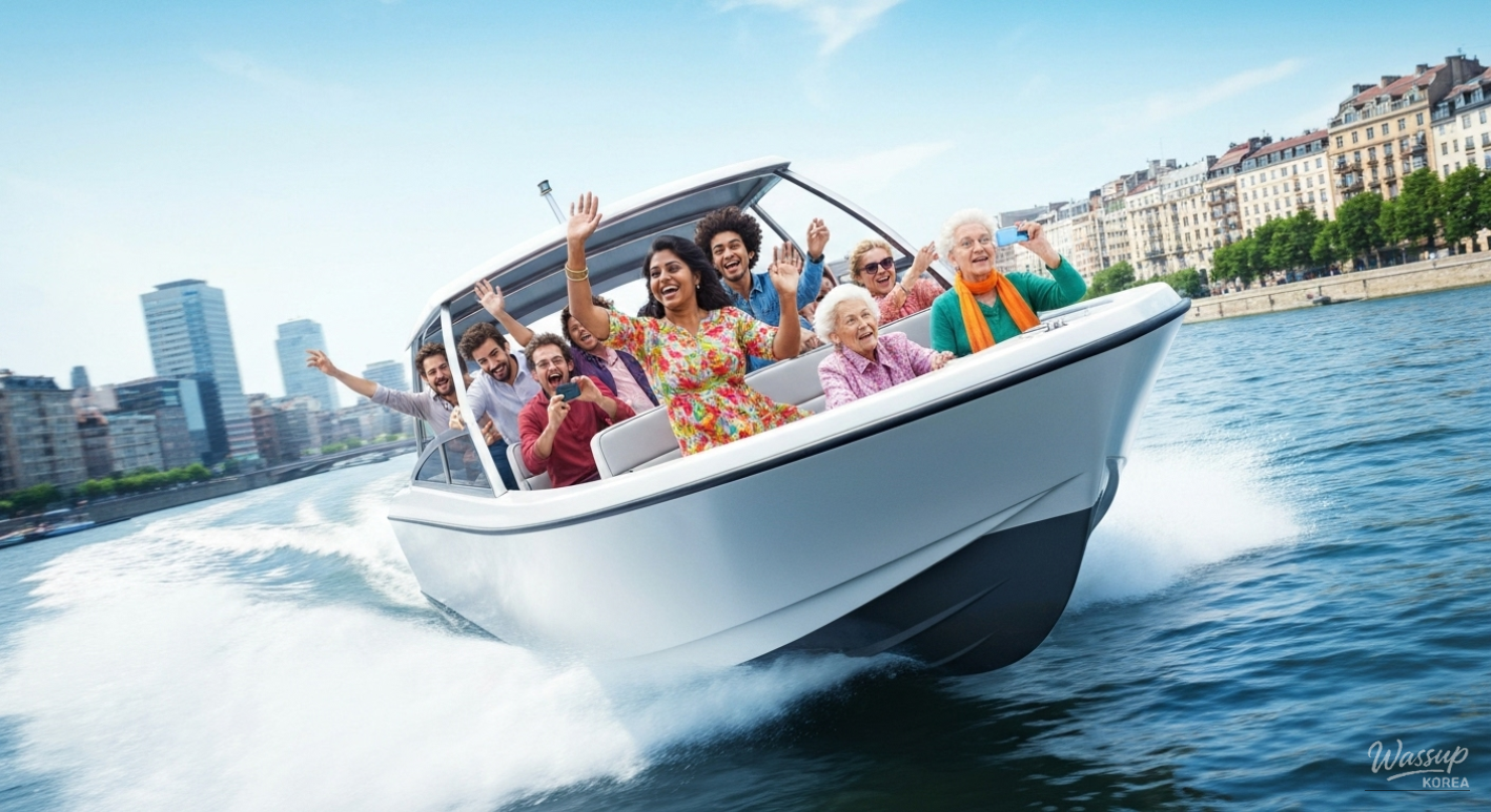 Han River Bus approaching a pier during sunset