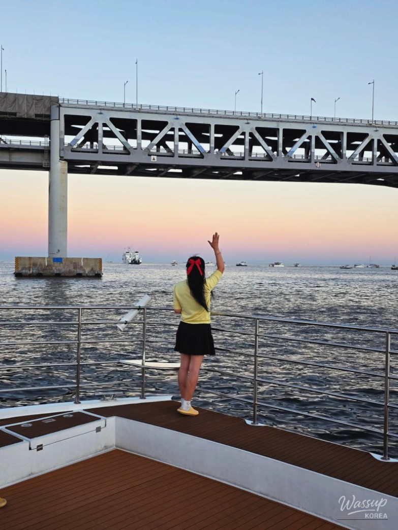 Sunset view from a Haeundae yacht dinner cruise in Busan