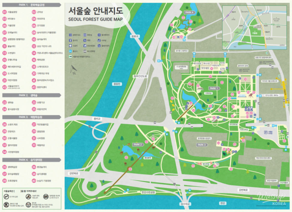 A detailed map of Seoul Forest highlighting the Ginkgo Tree Forest and various themed botanical gardens