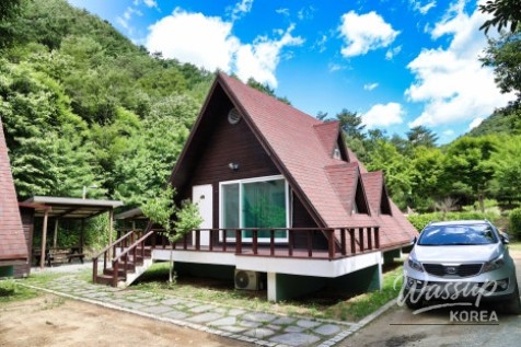The wooden cabin porch area for relaxation