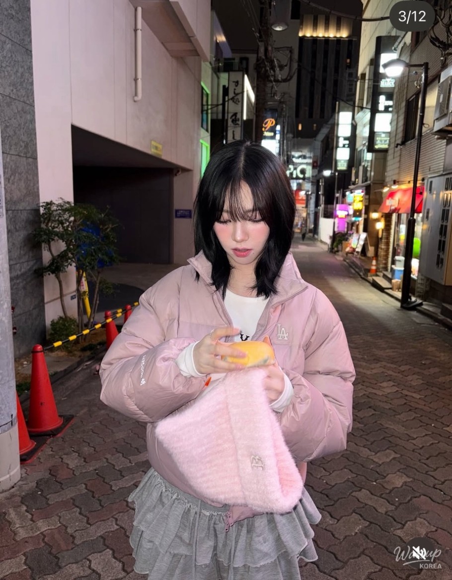 Karina muted pink blush makeup emphasizing soft winter mood