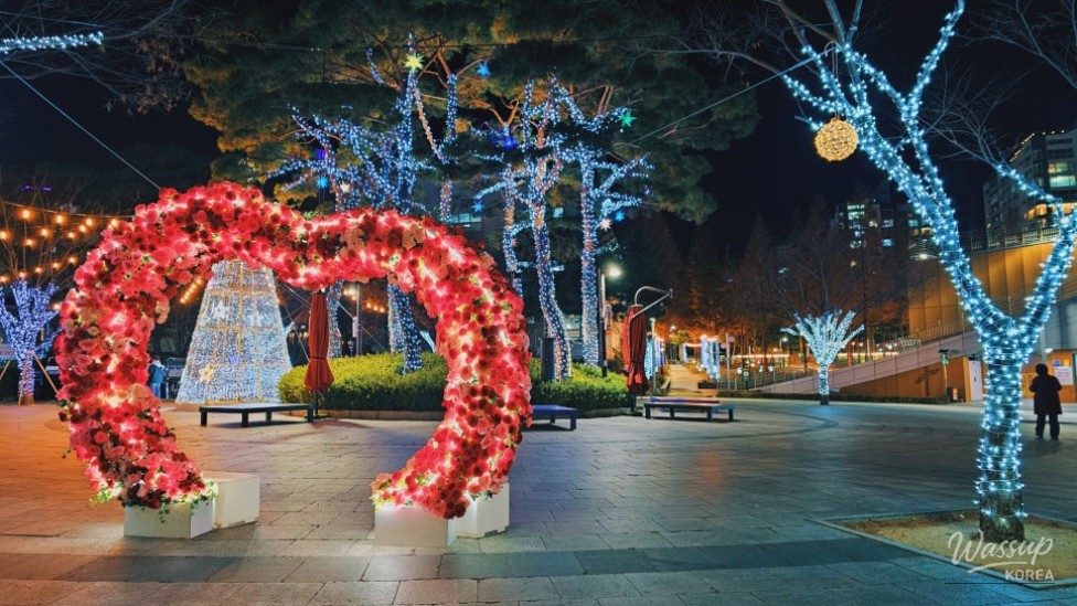 Illuminated pine trees and full moon light installation at night in Witgok Park