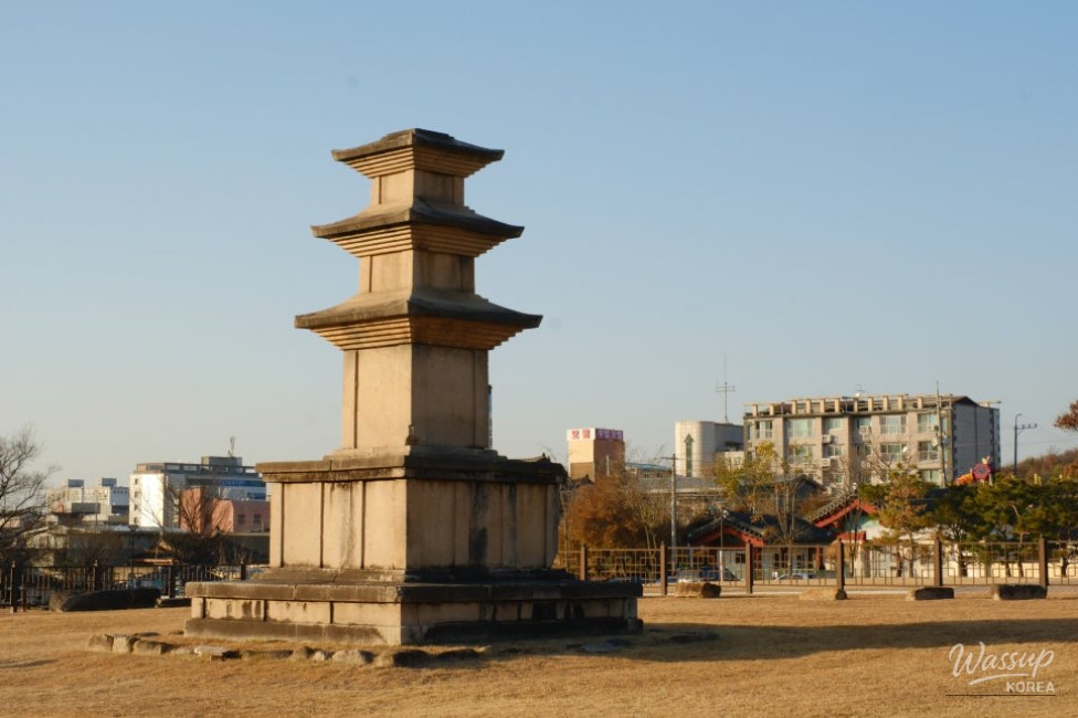 Detailed view of Sujeong-ri East Three-Story Stone Pagoda showing Silla-era stonework