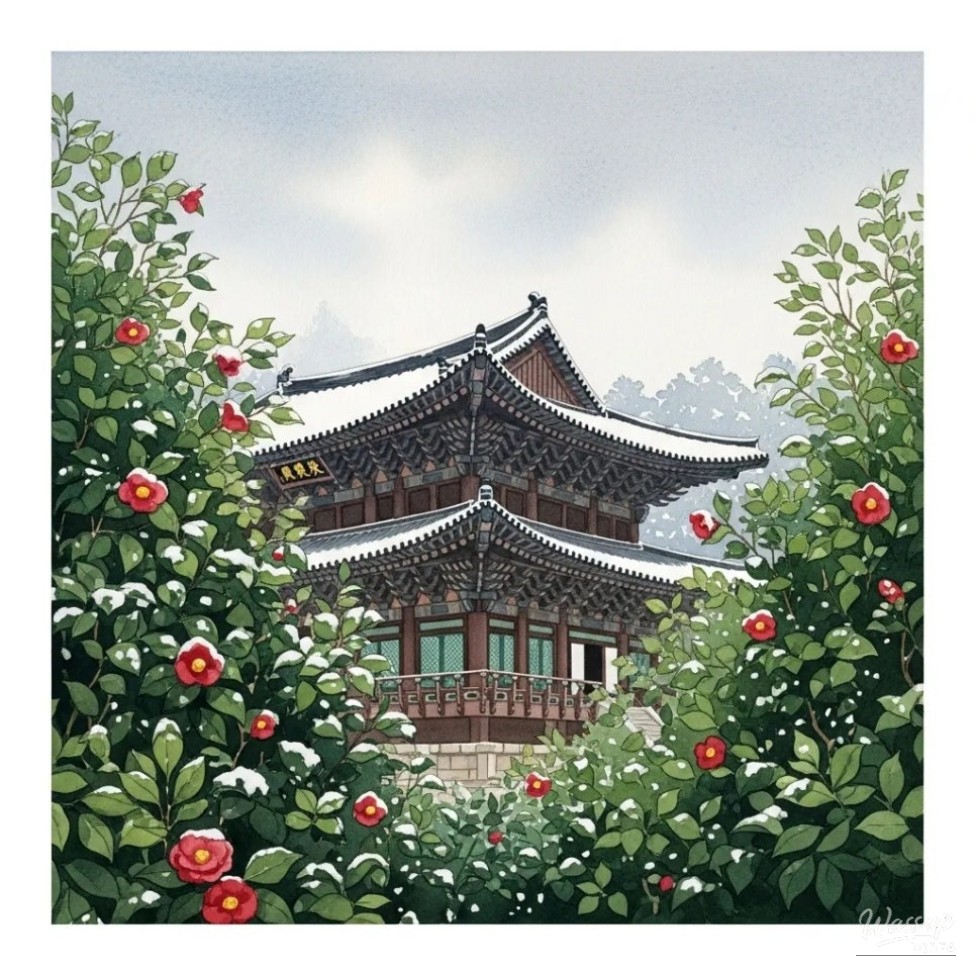 Close-up of snow settling on traditional Korean roof tiles at an ancient temple