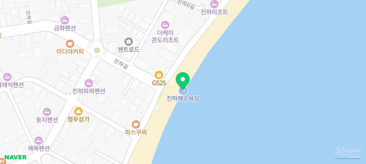 Wide-angle view of Jinha Beach coastline in winter