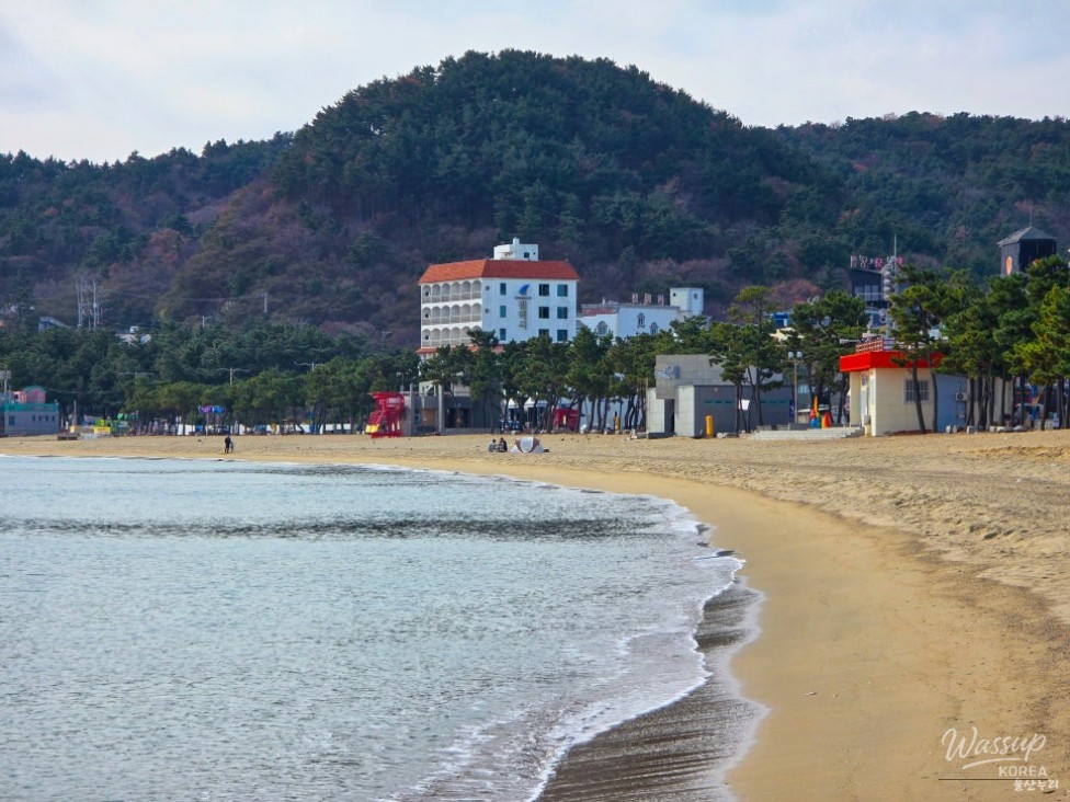 Gently sloping sandy beach creating an easy walking route in winter