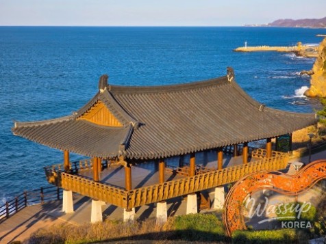 Traditional thatched-roof houses in the recreated Shilla village