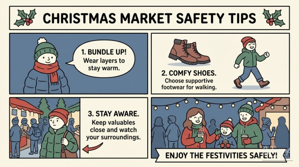 Visitors enjoying winter street food and lights at a Korean Christmas market