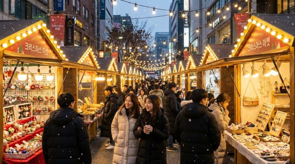Christmas market stalls and decorative lights in central Seoul