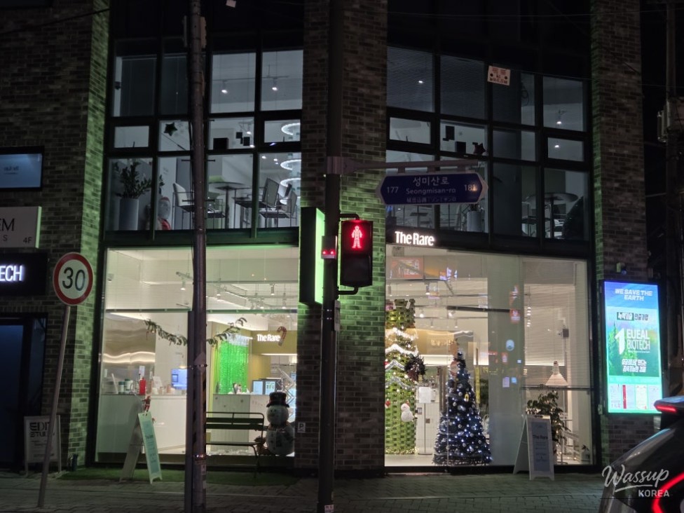 Macaron display case with remaining selections late at night in Yeonnam-dong
