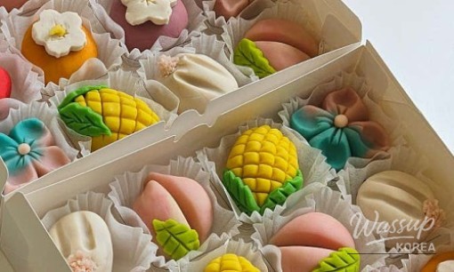 Close-up of wagashi details and colors made by children