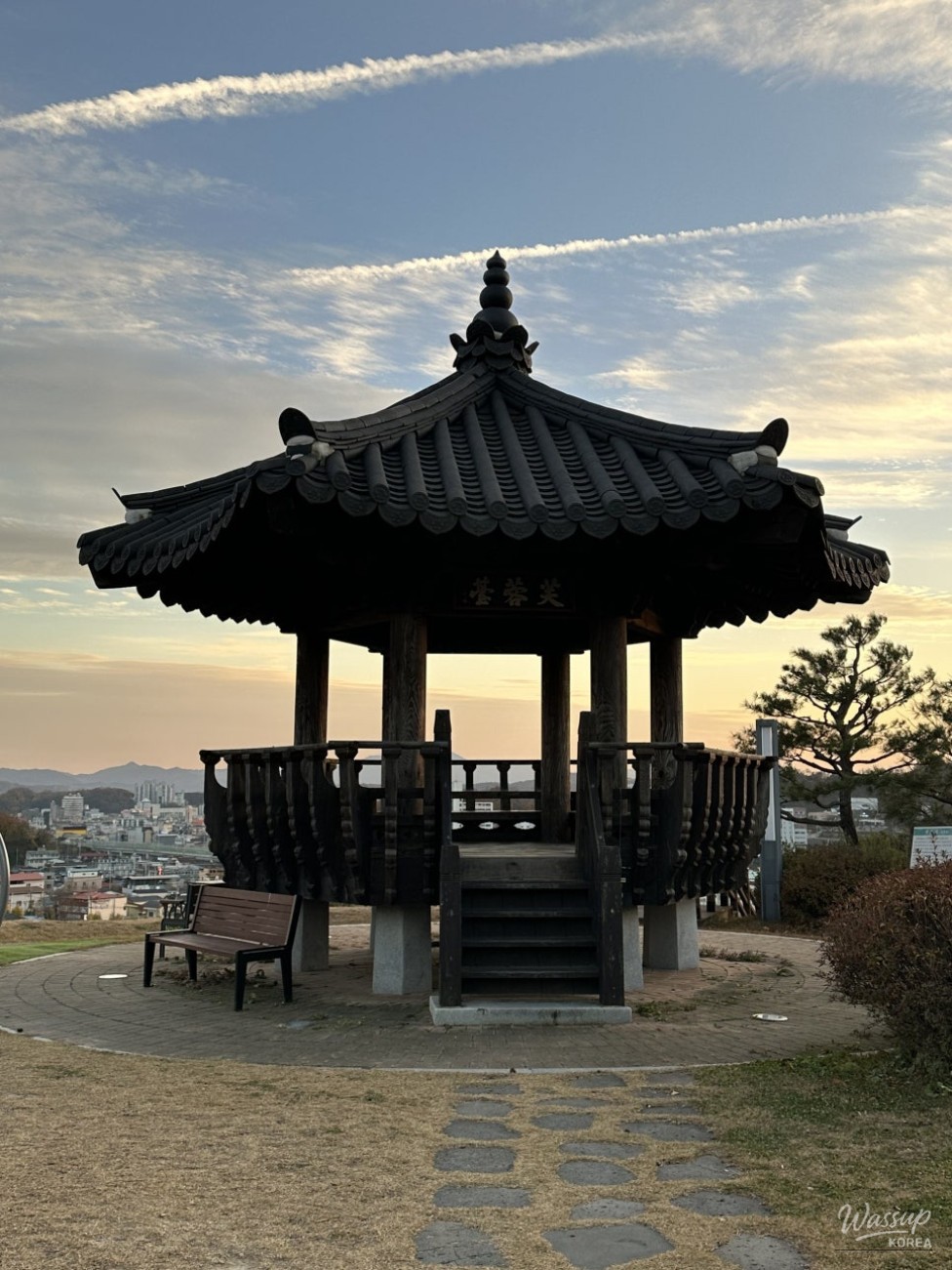 Buyeongdae pavilion overlooking Yeongju city under a calm winter sky