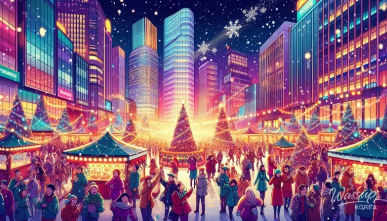 Knitted tree decorations and media facade show at Ara-dong Christmas Village