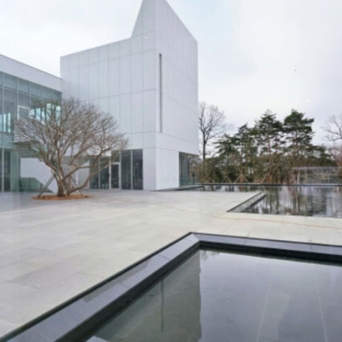 Winter view of Solol Art Museum standing out in white against the Gangneung landscape