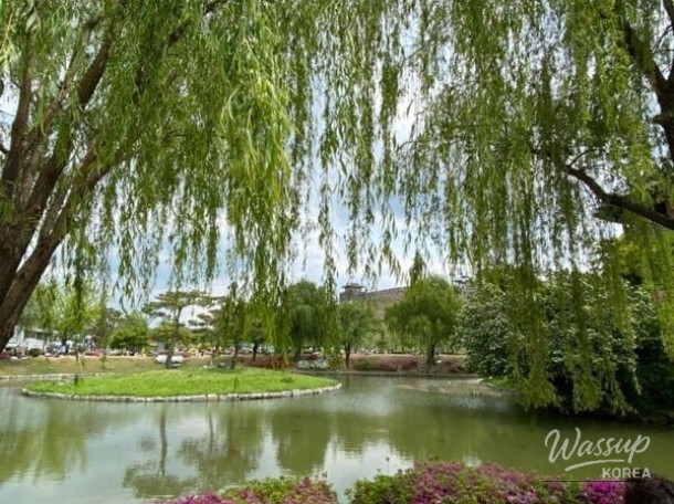 Suwon city night view seen from the fortress path near Banghwasuryujeong