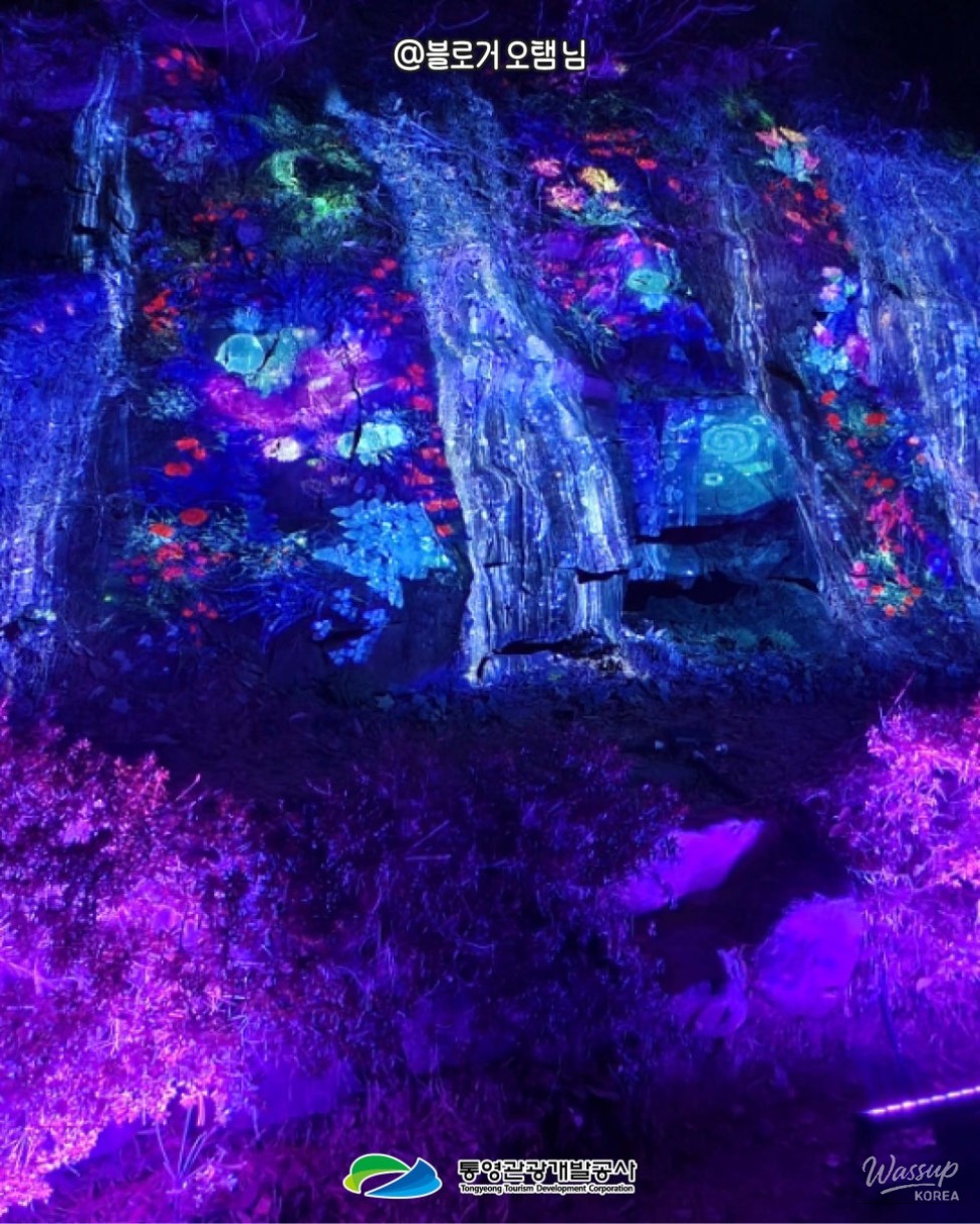 Illuminated night path winding through Dpirang in Tongyeong