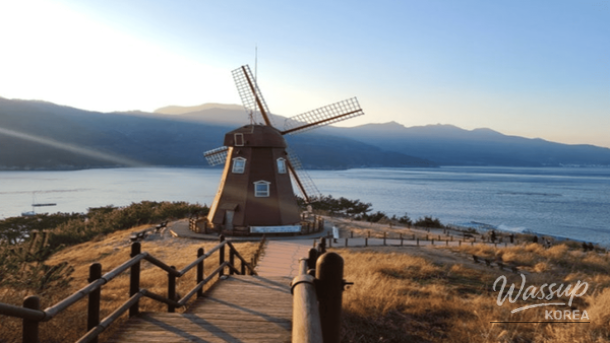 Windmill and winter sea view at Windy Hill in Geoje Island