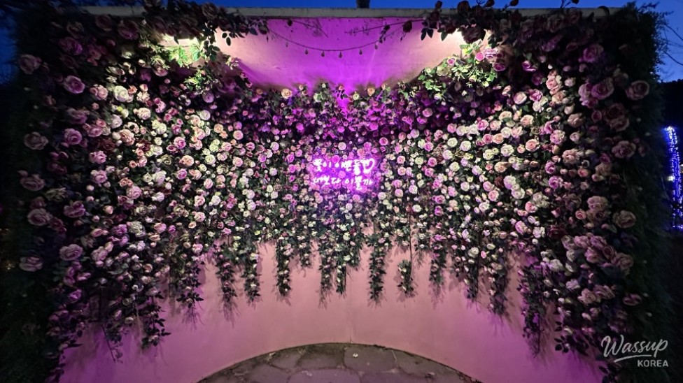 Illuminated Light Path section of the riverside walking trail in Goesan at night