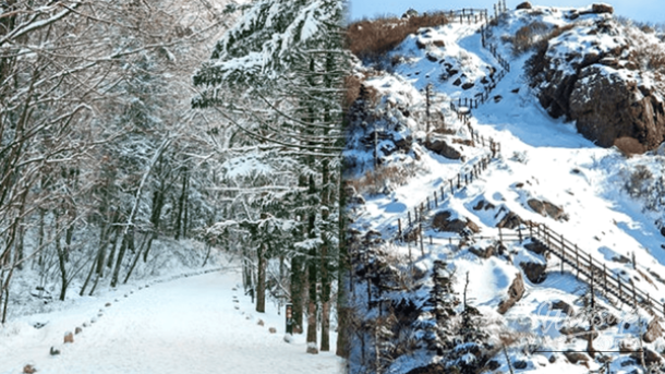 Golden sunrise illuminating the snow-covered ridges of Jirisan Mountain