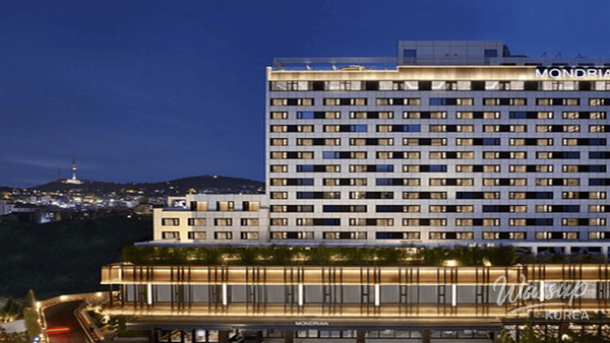 Exotic outdoor heated pool surrounded by palm trees at a tropical style resort in winter