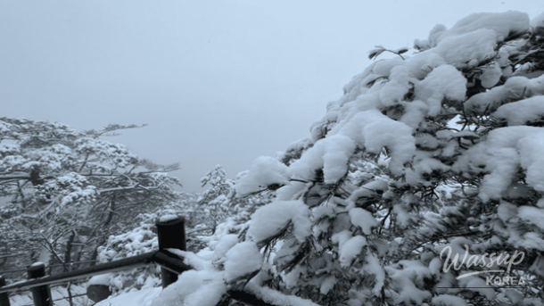 Snow-covered rocks and frozen scenery along the Chilbosan hiking trail