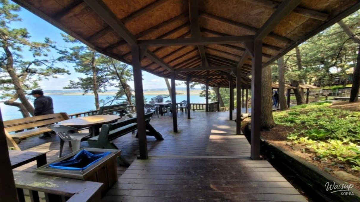 Traditional Korean Hanok houses relocated and restored on the seaside cliffs of Sanghwar Garden
