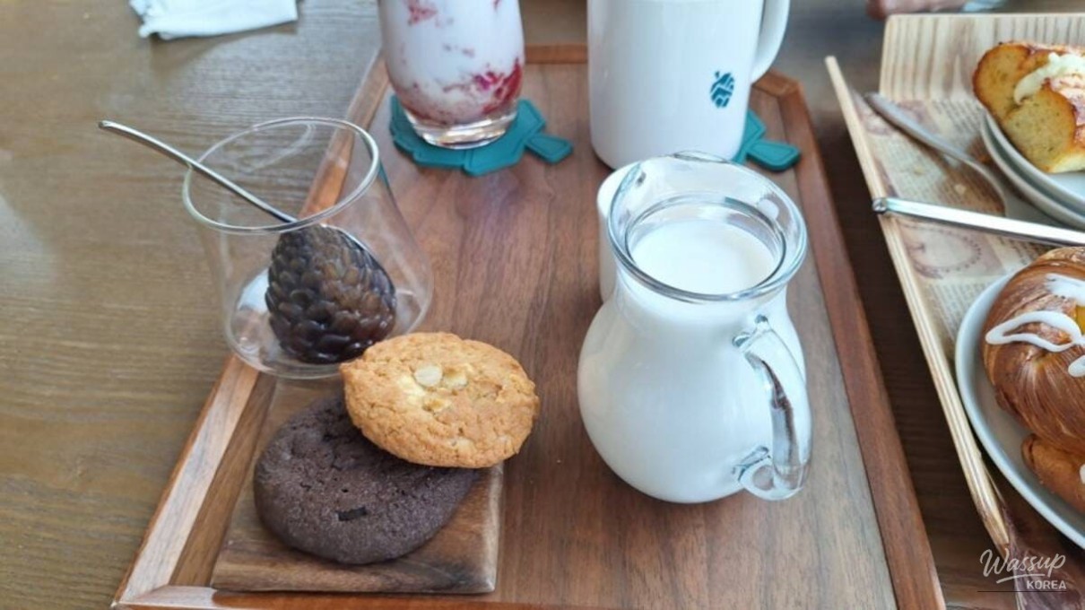 Signature Pine Cone Latte with espresso shaped like a pine cone against the mountain backdrop
