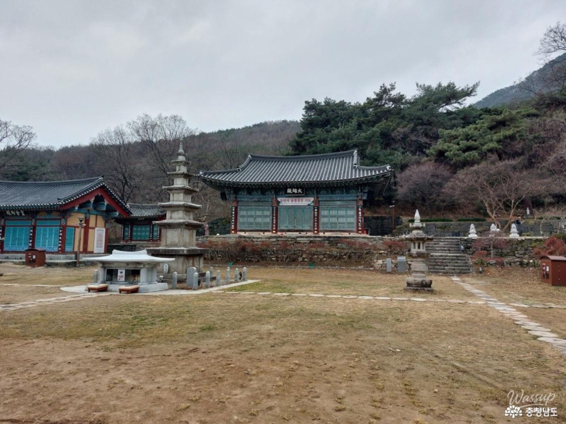 Red lanterns decorating the winter trees at Sinwon Temple with the mountain in the background