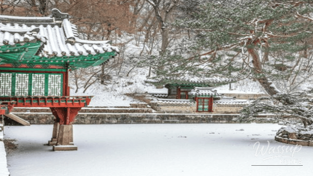Traditional Korean architecture of Changdeokgung Secret Garden blanketed in winter snow