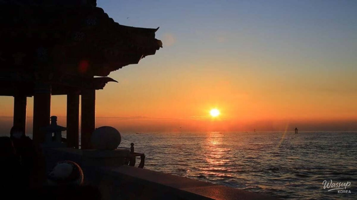 The golden glow of a winter sunrise over the East Sea at Yeonggeumjeong