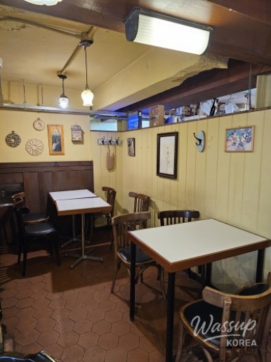 Small table setting inside the quiet Hongdae cafe