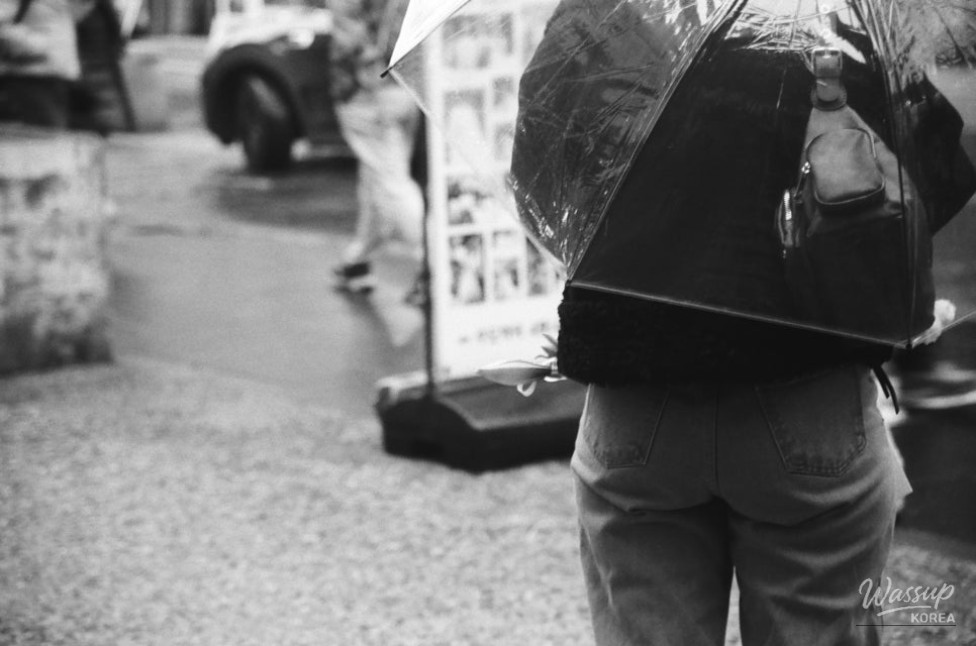 A narrow alleyway in Insadong featuring a traditional handmade dumpling shop in monochrome