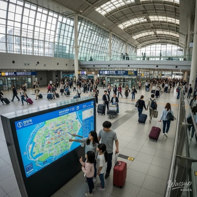 A family wearing traditional Hanbok walking through the palace gates