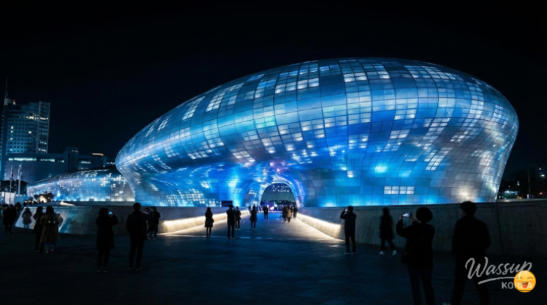 Stunning night view of DDP illuminated with soft architectural lighting in downtown Seoul