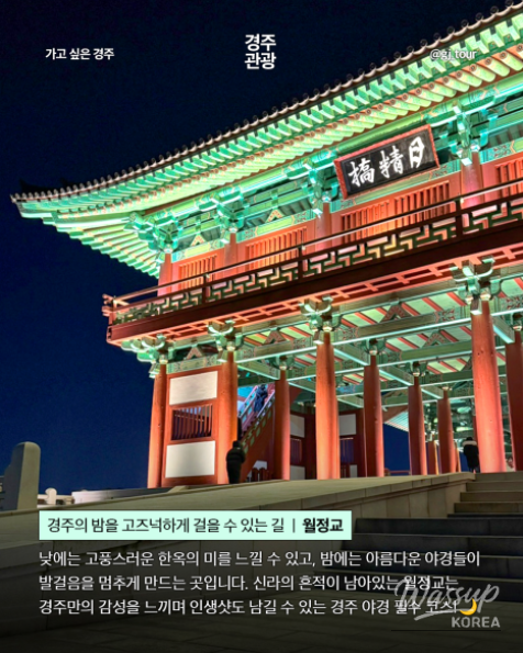 A wide-angle shot of the Woljeonggyo Bridge illuminating the riverbed