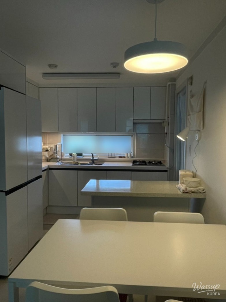 New kitchen lighting with indirect lights and dining table lamp