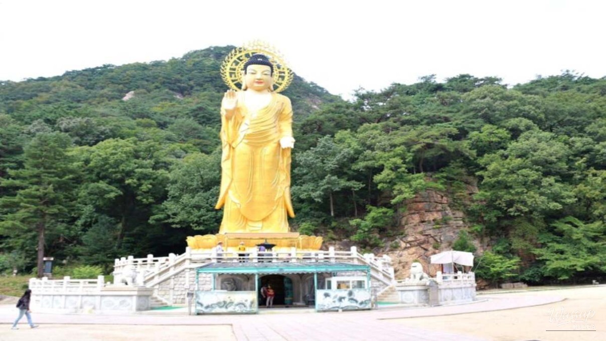 Golden Mireuksaja Buddha statue shining against snowy Beopjusa Temple