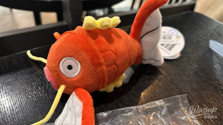 Illuminated King Carp sculptures reflecting on Cheonggyecheon water at night