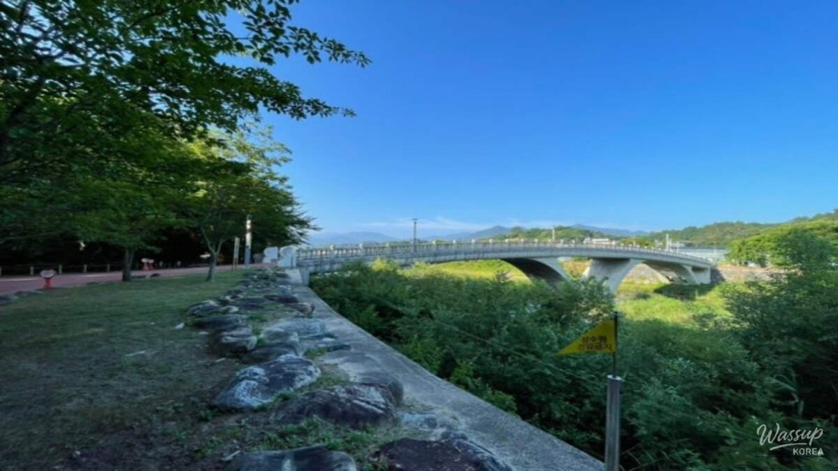 Wooden benches placed quietly along the winter forest paths of Sangrim Park
