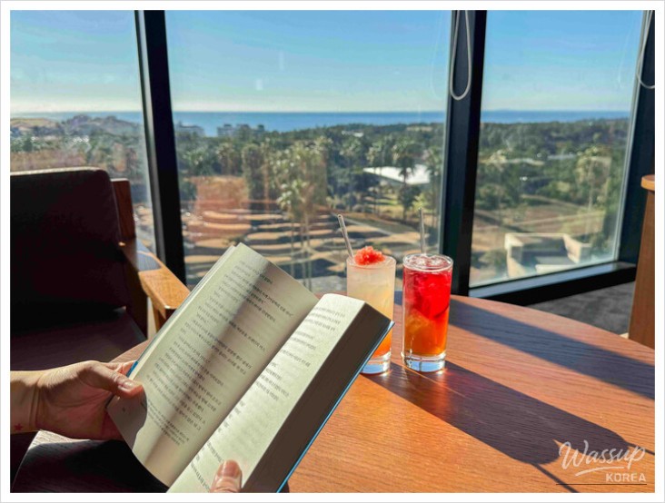Sunset ocean view from the rooftop seating at Starbucks Grand Jeju Chosun