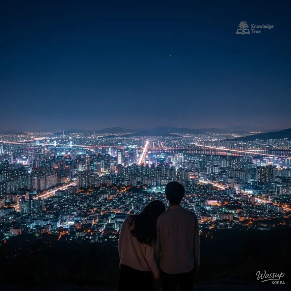 Romantic night view of Seoul city lights seen from a quiet viewpoint