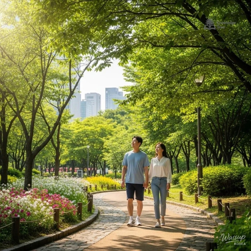 Urban green space in Seoul offering a quiet moment away from city life