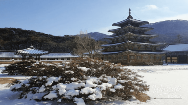 Snow-covered Beopjusa Temple with golden Buddha statue in winter
