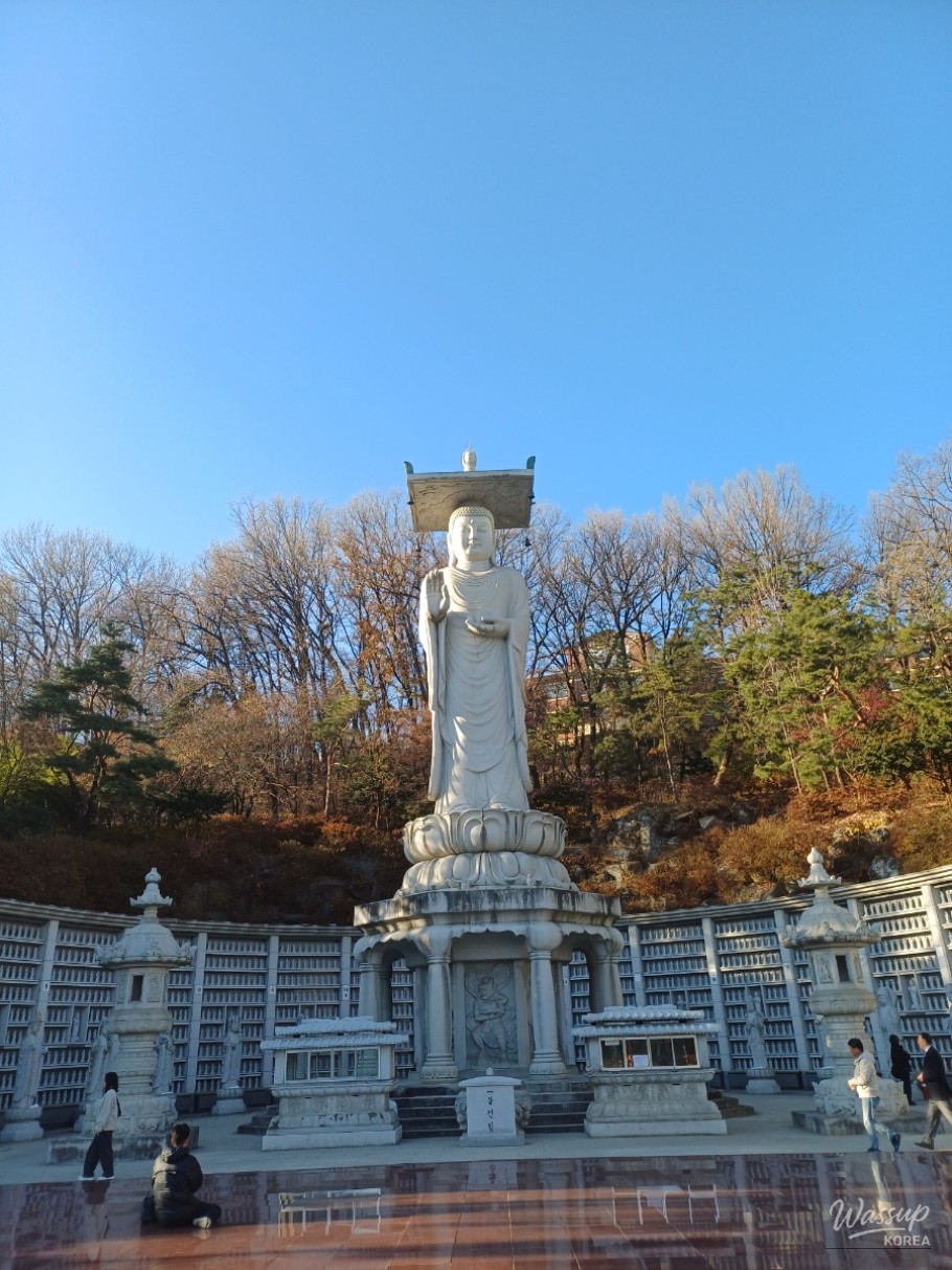 Mireuk Buddha statue viewed from temple courtyard