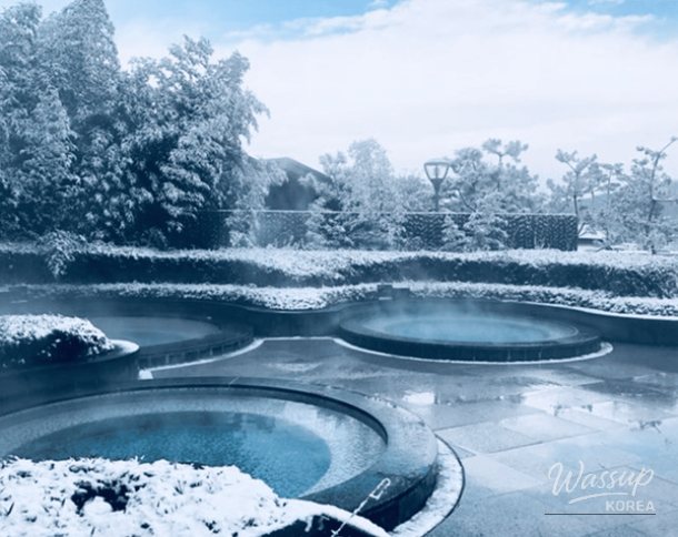 Outdoor hot spring baths at Dogo Hot Springs with steam rising in winter