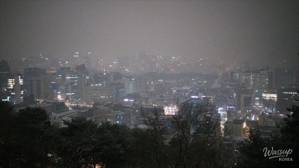 Fortress wall under falling snow