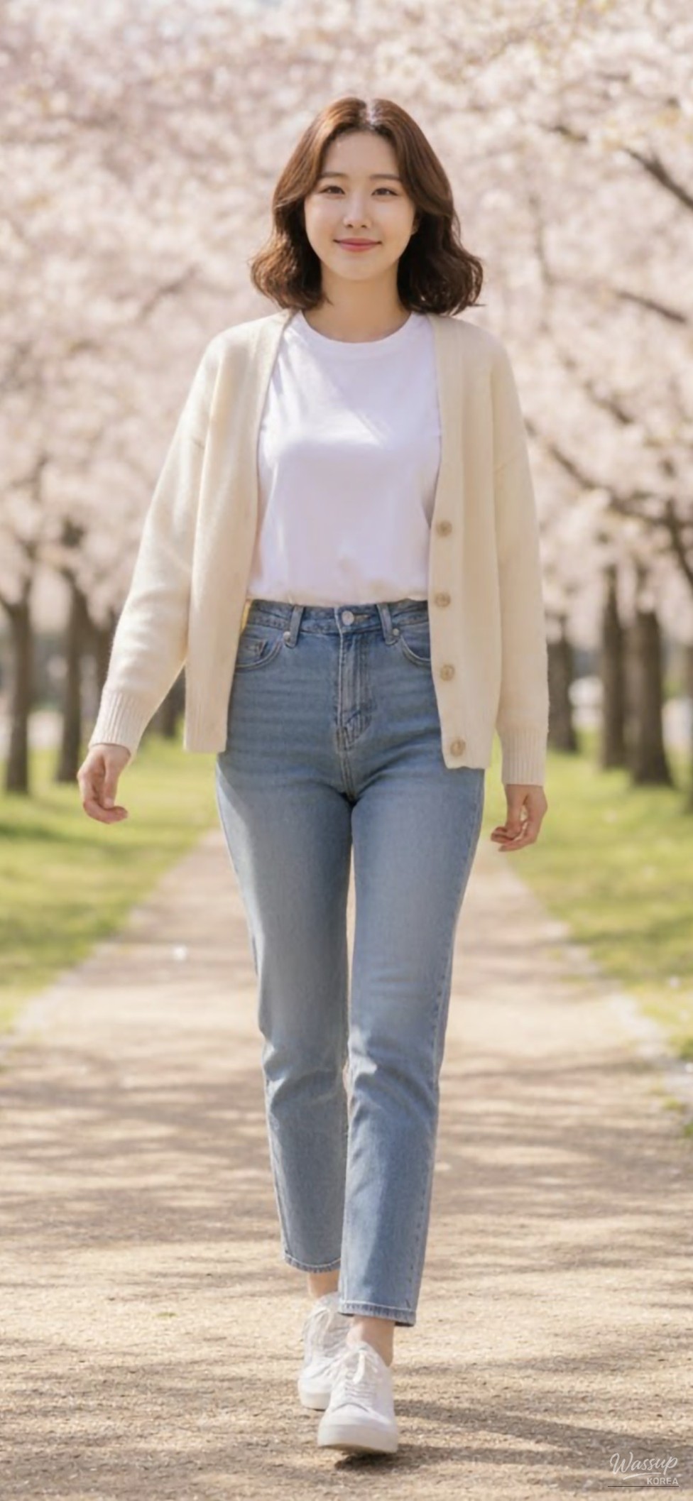 Spring date outfit styled with a cardigan and light blue denim under cherry blossoms