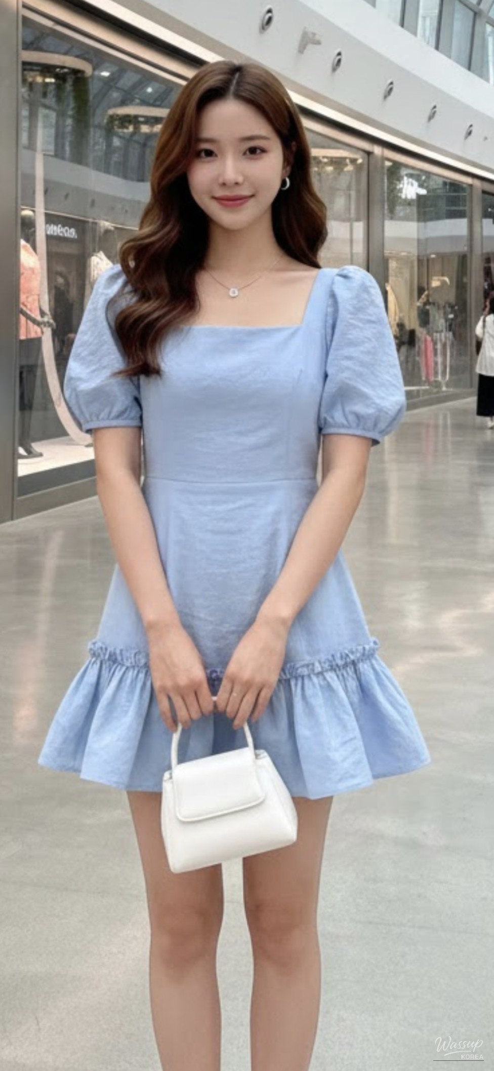 Photo-friendly daily fashion styling featuring a square neck mini dress