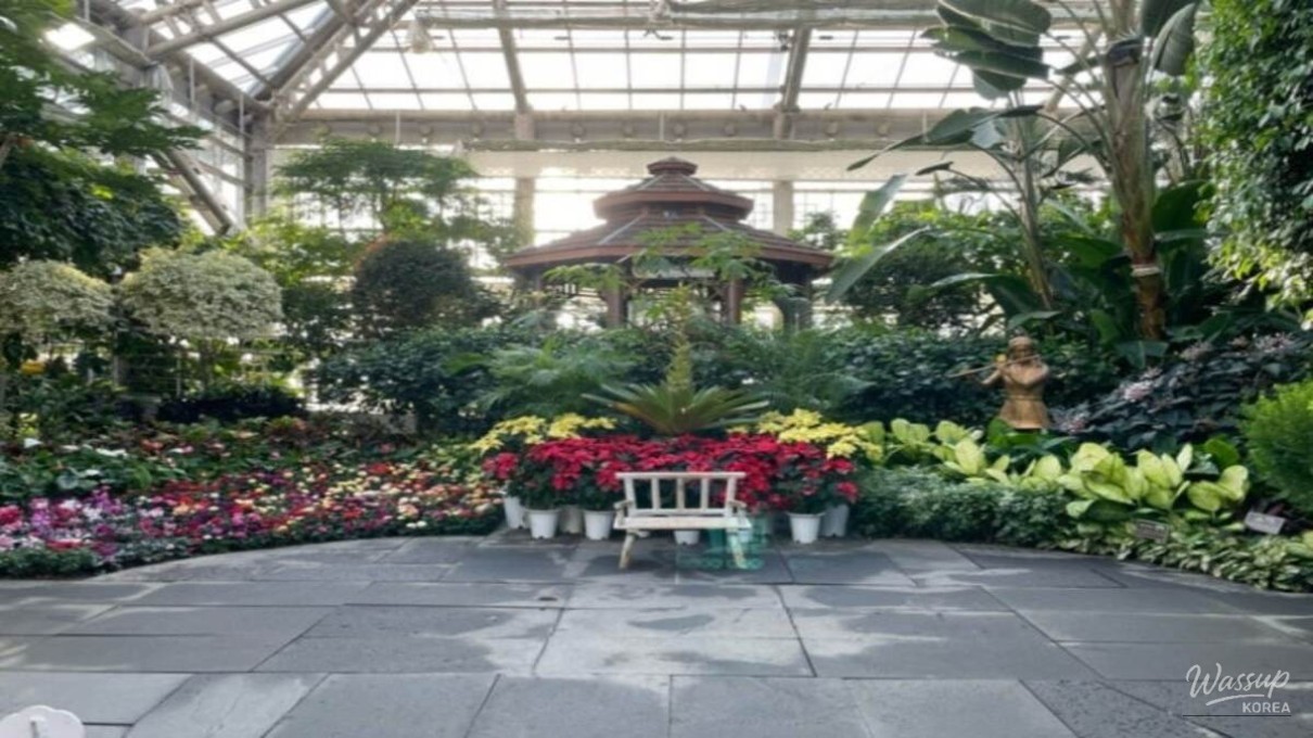 Indoor waterfall and rare tropical plants creating a lush forest atmosphere at Gyeongju Donggungwon