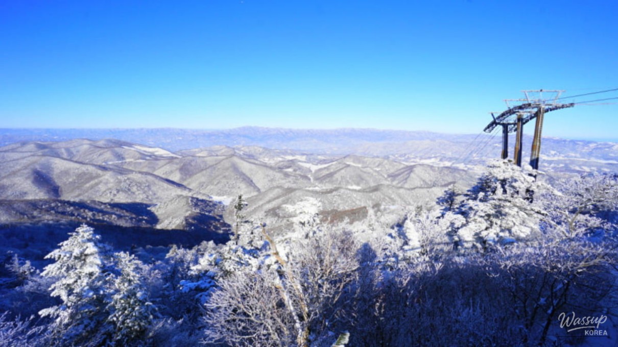 Snow-covered mountains and forests viewed from the Balwangsan cable car during a winter ride
